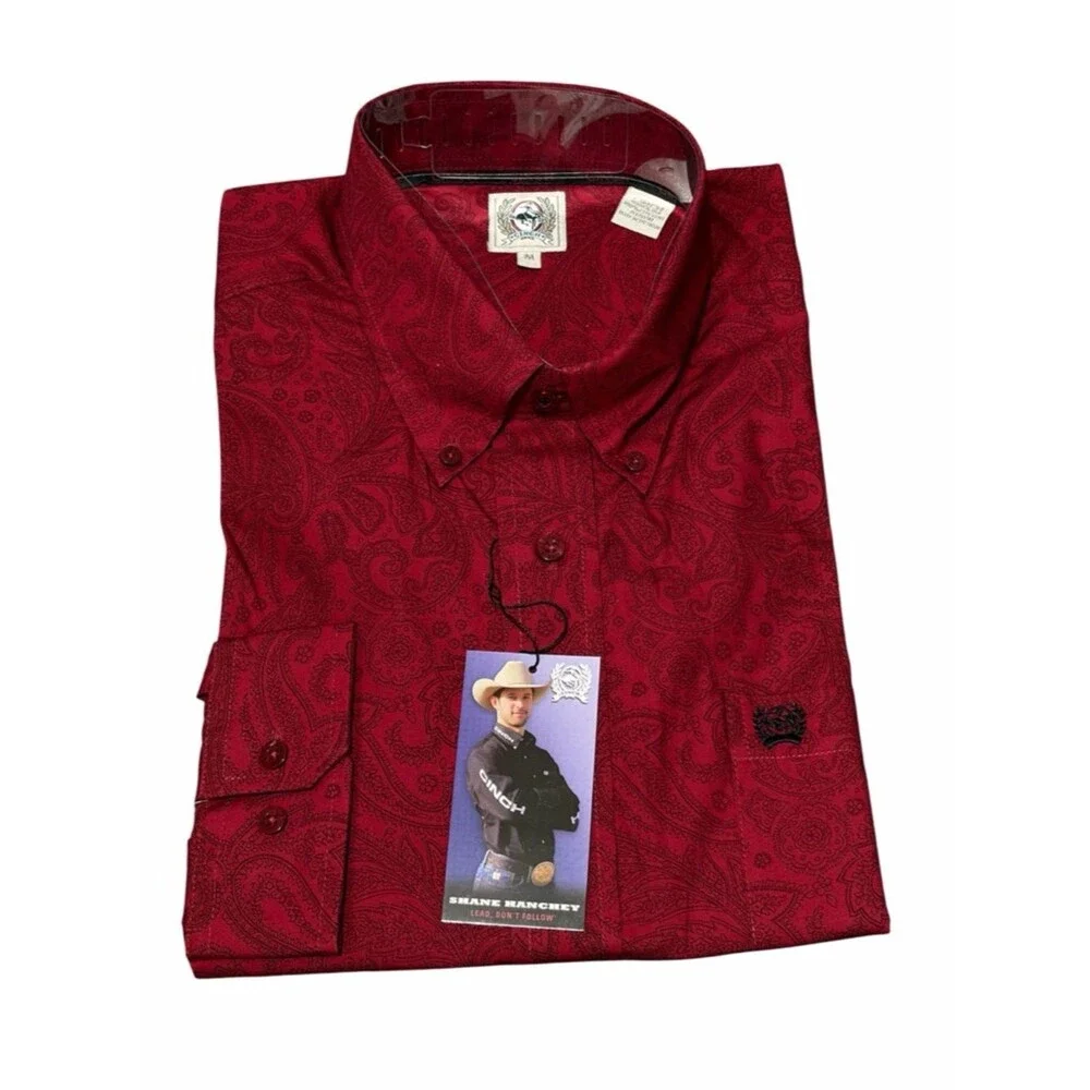NEW Cinch Men’s Modern Fit Burgundy Paisley Button Up Shirt Size Medium